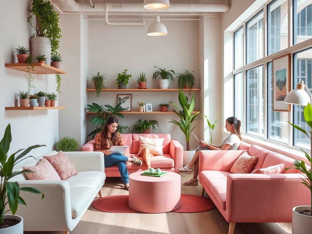Bright common lounge with sofas and indoor plants